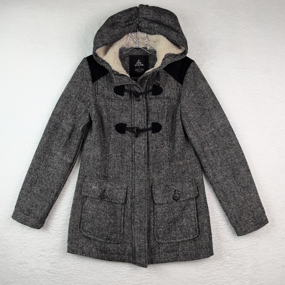 PrAna‎ "Megan" Black Tweed Jacket Sherpa Hood Toggle Buttons Women's Small